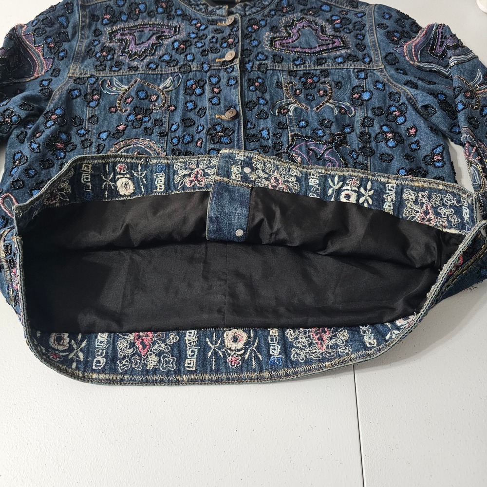 Chicos Heavily Beaded Denim Jacket L Blue Art to Wear Bohemian Paisley Artsy - Picture 9 of 12